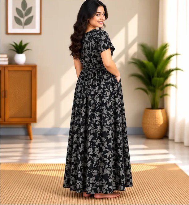 Black Silver Leaf Smocked Nighty - Image 2