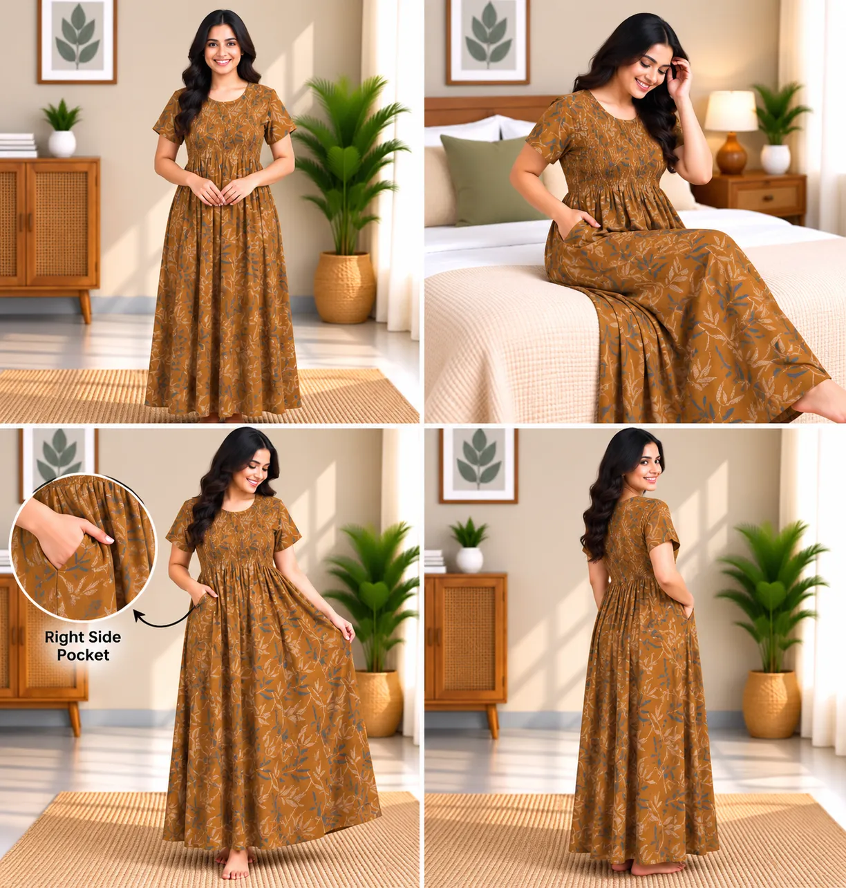 Mustard Vine Print Smocked Nighty - Image 5