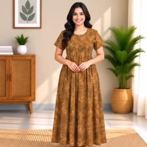 Mustard Vine Print Smocked Nighty