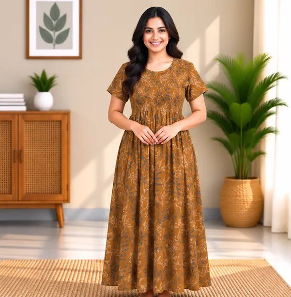 Mustard Vine Print Smocked Nighty
