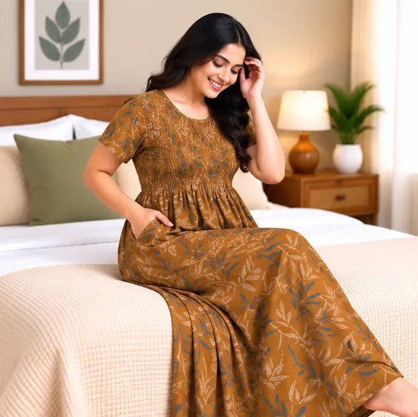 Mustard Vine Print Smocked Nighty - Image 2