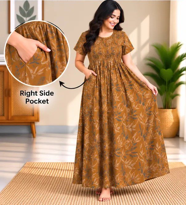 Mustard Vine Print Smocked Nighty - Image 3