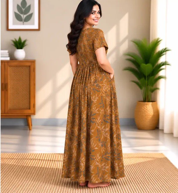 Mustard Vine Print Smocked Nighty - Image 4
