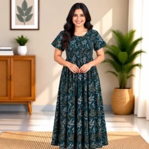 Deep Teal Leaf Print Smocked Nighty
