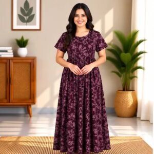 Plum Leaf Print Smocked Nighty
