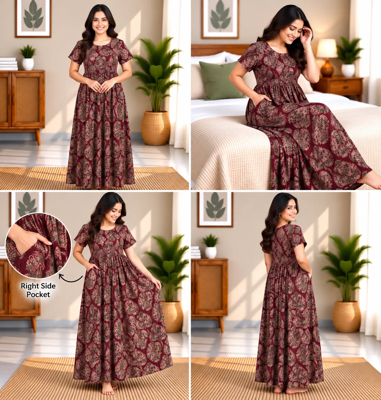 Maroon Heritage Motif Smocked Nighty - Image 5