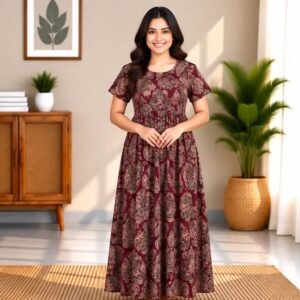 Maroon Heritage Motif Smocked Nighty