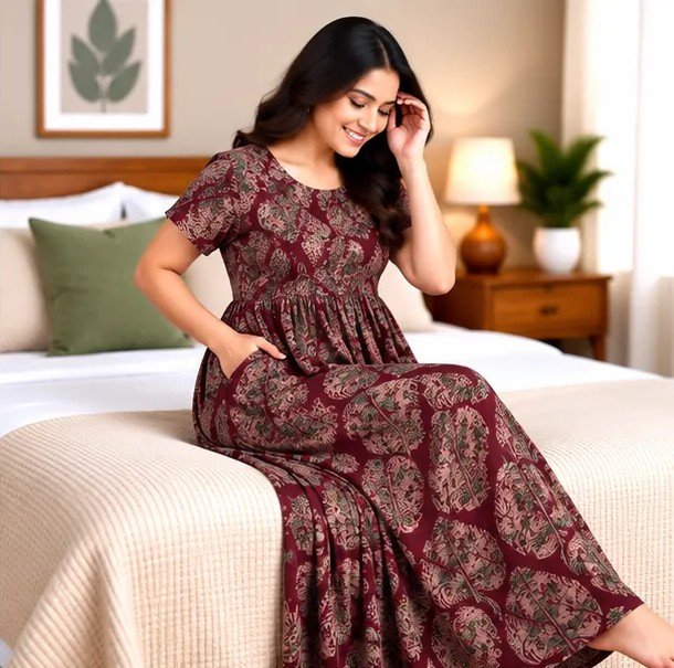 Maroon Heritage Motif Smocked Nighty - Image 4