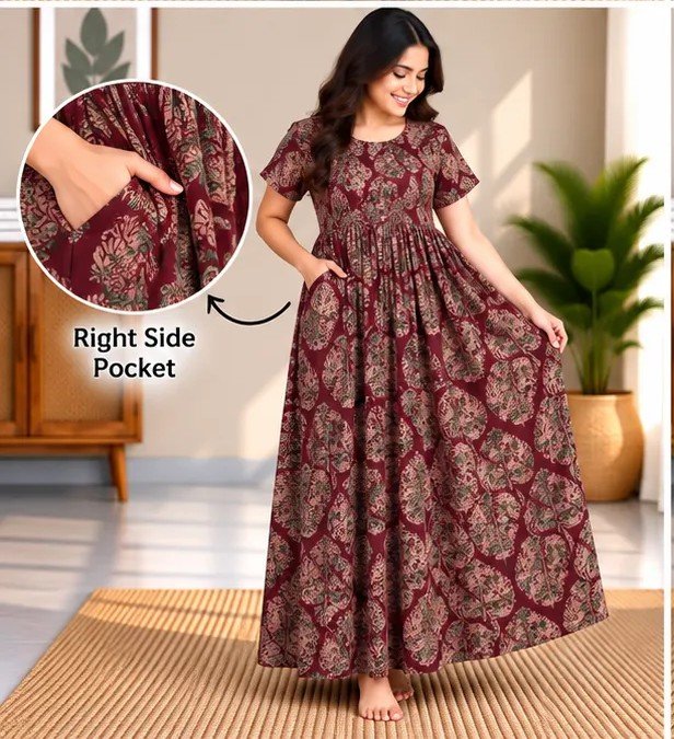 Maroon Heritage Motif Smocked Nighty - Image 3