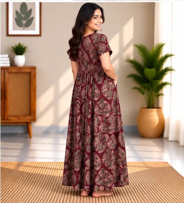 Maroon Heritage Motif Smocked Nighty - Image 2