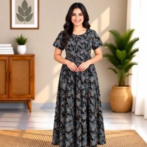 Charcoal Blue Abstract Smocked Nighty