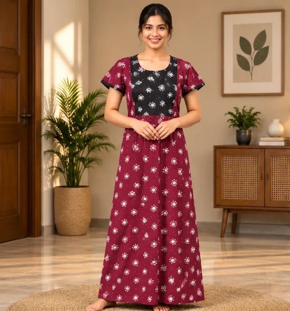 Wine & Black Floral Printed XL Feeding Nighty - Image 4